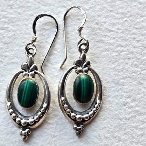 VTG💫925 Silver Malachite Oval Framed Earrings